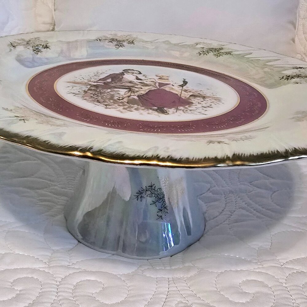 Vintage Lusterware Cake Stand Pedestal Courting Couple Fragonard Gold Trim 10.5"